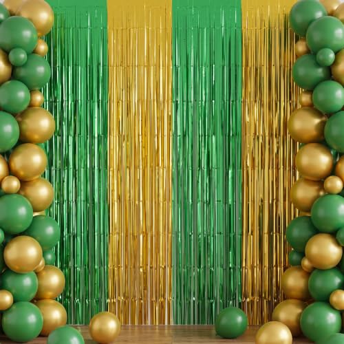 Image of TONIFUL 2Pcs Gold and Green Metallic Tinsel Foil Fringe Curtains Streamers | 3.3ftx6.6ft Photo Booth Backdrop Door Streamer for St Patrick's Day Christmas New Year Forest Theme Birthday Wedding Party