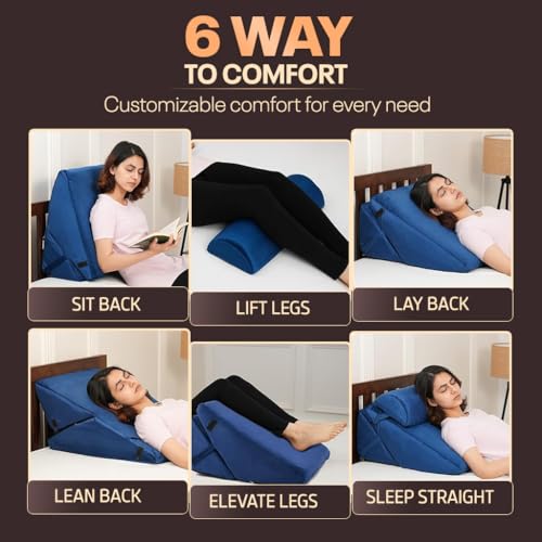 Image of Orthopedic Adjustable Wedge Pillow with Memory Foam & Headrest for Back Support, Leg Elevation, Acid Reflux, GERD, Snoring Relief - 7 Inclines - Soft Washable Cover - Navy Blue (56 x 53 x 38 CM)