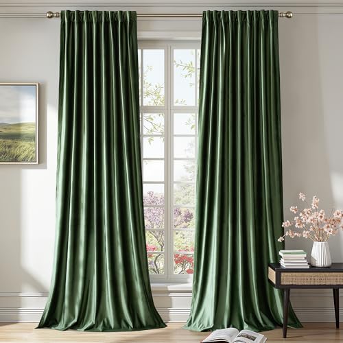 Image of PRIMROSE Emerald Olive Green Velvet Curtains 63 inch Long for Living Room,Set of 2 Panels Blackout Rod Pocket Back Tab Window Treatment Room Darkening Heavy Decorative Curtains Drapes for Bedroom