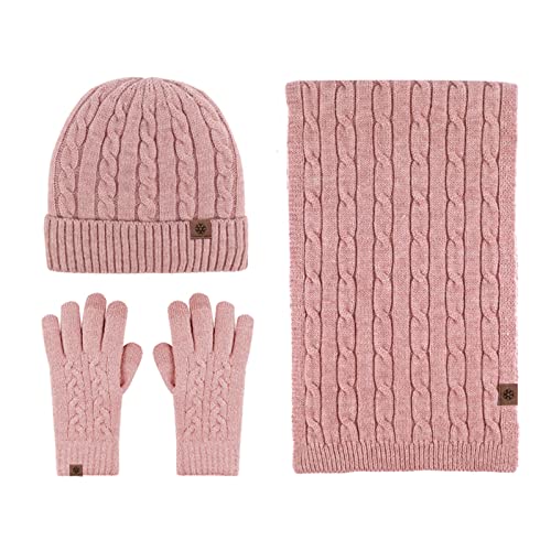 Winter 3 in 1 Scarf Hat Glove Set Cable Knit Beanie Hat Long Scarf Touch Screen Gloves Chunky Knit Warm Fleece Lined