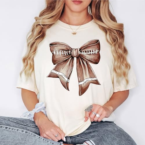 Football Bow Shirt for Women and Teens Trendy Girly Fall Football Fan Oversized Tee3