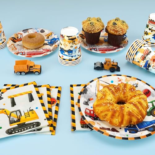 Wernnsai WR-CONSTRUCTION PARTY SUPPLIES-C003-US Construction Party Supplies Set - 64 Pcs Dump Truck Theme Birthday Party Decorations Disposable Paper Plates Cups Napkins Tableware For Boys Kids Baby Shower Excavator Birthday Party Decor thumb #4