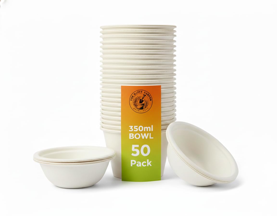 The Happy Garden Bagasse Bowls (350 ml, Pack of 50) - Disposable Compostable Sugarcane Paper Bowl, Heavy Duty, Microwave & Freezer Safe, Ideal for Parties