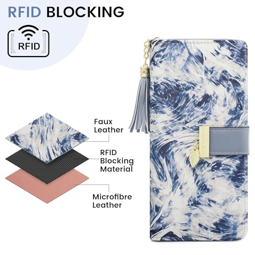 Image of Pomelo Best Womens Wallet RFID Blocking Wallet for Women Bifold Large Capacity Card Holder Ladies Long Purse with ID Window Zipper Coin Pocket Mist Blue