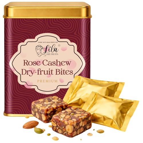Image of LILA DRY FRUITS Dry Fruit Bites 200 g (10 Pieces) Rose Cashew Dry Fruits Barfi Mithai Cashew Almond Dates Gulkand Sweets | Healthy Sweet Snack Premium Festive Gift Dry Fruit Bytes Perfect for Gifting