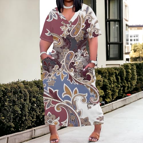 Image of Plus Size Maxi Dress for Women Short Sleeve V Neck Casual Loose Sundress with Pockets