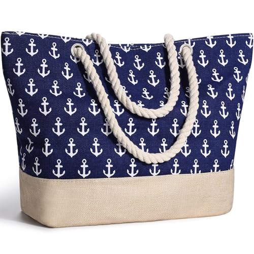 sprecenk Bolsa de Playa Grande para Mujer, Impermeable Totalizador de Lona de Verano con Cremallera Bolso Tote Beach Bag Bolso Playa Shopper para Viajes Compras Gimnasio, Azul Oscuro