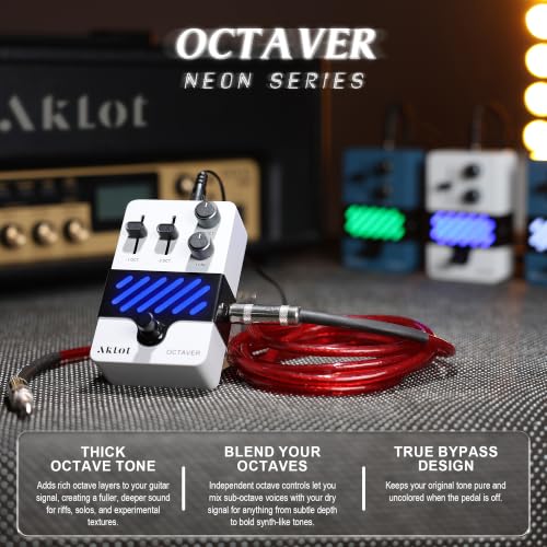 Image of AKLOT Octave Electric Guitar Pedal: Fast Tracking & Dynamic Response, +1 /-1 Octave & Level Controls, Mini Guitar Effects Pedal True Bypass, NEON SubShift