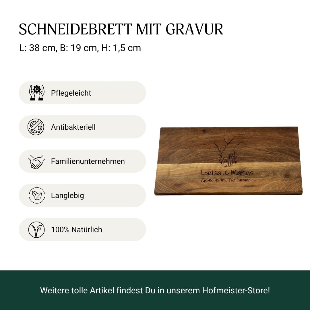 HOFMEISTER® Schneidebrett Nussbaum personalisiert mit Gravur Hände, 38 x 19 x 1,5 cm – massives Holzbrett mit Wunschnamen und Text – Geschenk für Paare, Hochzeit, Jahrestag & Valentinstag