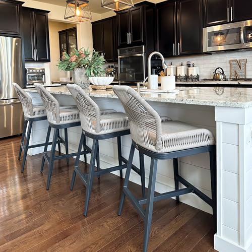 PURPLE LEAF Lot de 2 tabourets de bar en aluminium avec dossier, tabourets de comptoir d'extérieur en rotin avec sièges rembourrés, style bohème, pour bar,...