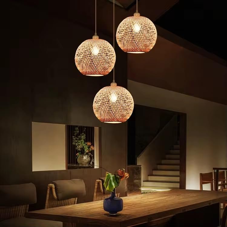 Image of Boho 3-Light Rounded Basket Pendant Light Semi-Globe Rattan Woven Cluster Hanging Lamp for Dining Table, Cafe & Living Room Decor