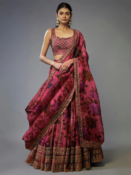 Image of piludi Women's Pink Floral Printed Unstitched Lehenga Choli with Embroidered Blouse and Dupatta