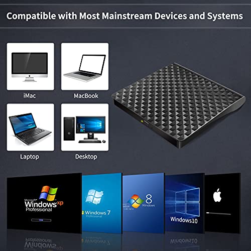 External DVD Drive, USB 3.0 CD/DVD +/-RW Drive/DVD Player Portable, Disk CD ROM Burner Suitable for Laptop Desktop PC, Compatible with Windows 7/10, Mac MacBook Pro, Linux (Black)