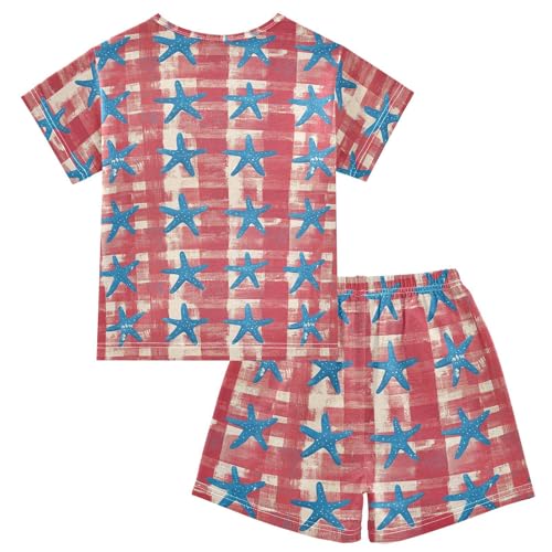ALAZA Blue Starfish Red Plaid Pajama Set Short Sleeve Sleepwear Soft Lounge Nightwear2