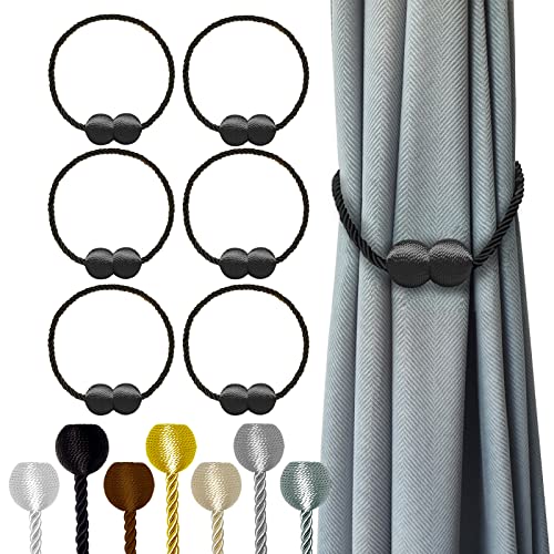 Hion Magnetic Curtain Tiebacks Black 6 Pack, Curtain Tiebacks Buckles Holdbacks Holders Hooks Clip for Home Bedroom Office Decorative Thick or Thin Curtain