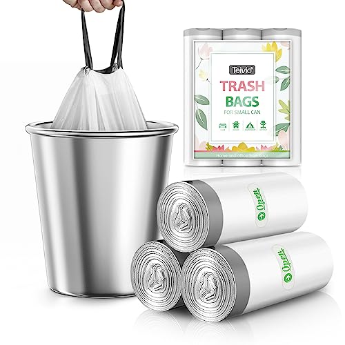 Image of 4 Gallon 60 Counts Strong DrawstringTrash Bags Garbage Bags by Teivio, Bathroom Trash Can Bin Liners, Small Plastic Bags for home office kitchen, White