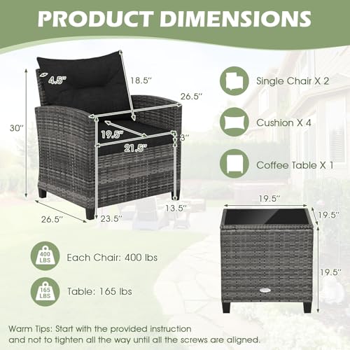 ORALNER Patio Furniture, 3 Pieces Outdoor Wicker Conversation Set Chairs with Soft Cushions and Glass Coffee Table, Rattan Bistro Set for Balcony Garden Deck Front Porch Poolside (Black) - Image 4