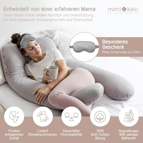 mimi kalu® DAS ORIGINAL Seitenschläferkissen mit Memory Foam [Formstabil] inkl. 100% Soft-Cotton Bezug und Schlafmaske | Schwangerschaftskissen zum Schlafen | Stillkissen | Kuschelkissen