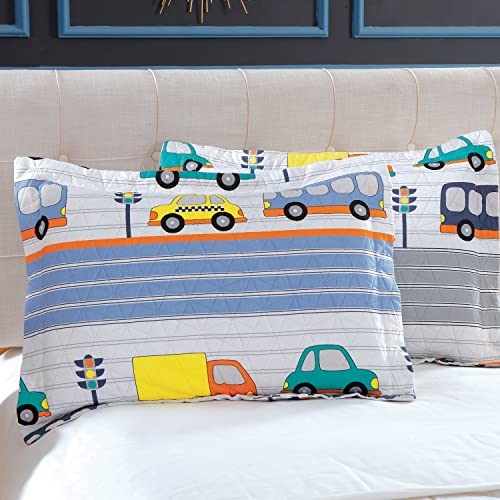 Chino Blue White Car Bedding Coverlet Set, Kids/Boys/Toddler Bedspread Quilt Set With Pillowcases And Bus, Minivan, Taxi, Traffic Lights, Lightweight Soft Cool Bedroom Decor #TOP3
