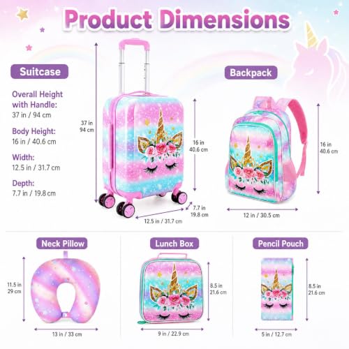 Image of CCJPX 5Pcs Kids Luggage for Girls, 16 inch Travel Suitcase Set with Spinner Wheels, Unicorn Hardside Carry on Toddler Rolling Suitcase Airline Approved (Pink)