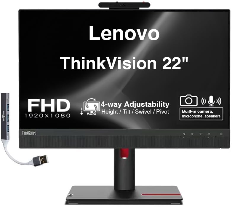 Image of Lenovo ThinkVision 22 inch FHD IPS Conferencing Monitor with 4ms Response Time | Anti-Glare, VESA Mount (100 x 100mm), Adjustable Height, Tilt, Swivel, Pivot, HDMI & Dockztorm USB Port Expander