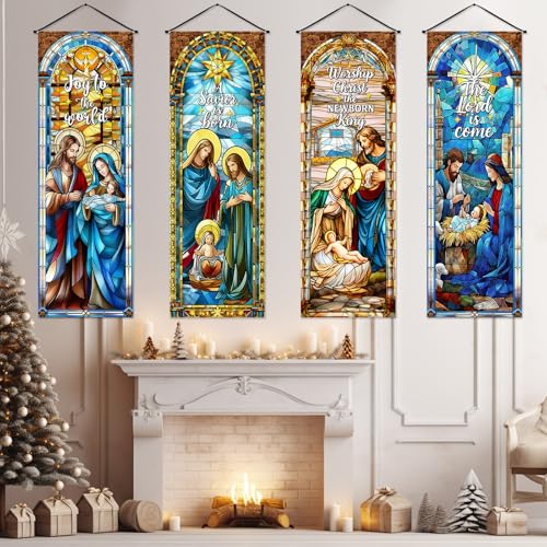 Image of Panelee 4 Pcs Nativity Scene Banner Religious Christmas Backdrop Holy Nativity Stained Glass Style Wall Decorations Jesus Porch Sign for Xmas Indoor Outdoor Church Wall Hanging Decor