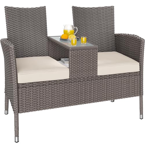Banc de Jardin en polyrotin 2 Places avec Coussins Table intégrée 145 x 58 x 87 cm Salon de Jardin extérieur crème