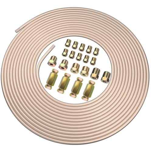 3/16ODx25FT Copper Coated Brake Line Replacement Kit with 16 Nuts & 4 Unions [ Connector ] Alloy Steel Tubing with Fittings for Brake Systems Easy to bend Corrosion-Resistant