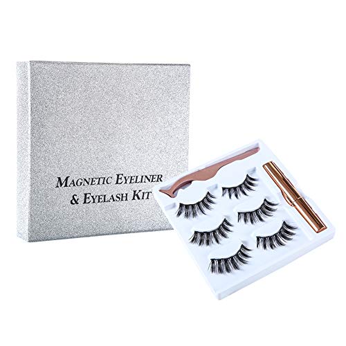 Magnetic Eyelashes with Magnetic Liquid Eyeliners Kit Magnetic False Lashes 3 Pair with Tweezers Easy to Wear Natural for Make Up (004)