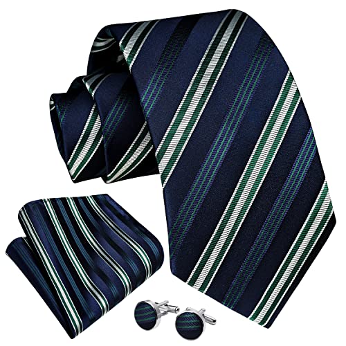 Image of Enlision Mens Ties Stripe Tie and Pocket Square Set Classic Formal Woven Neckties Handkerchief Cufflinks Wedding