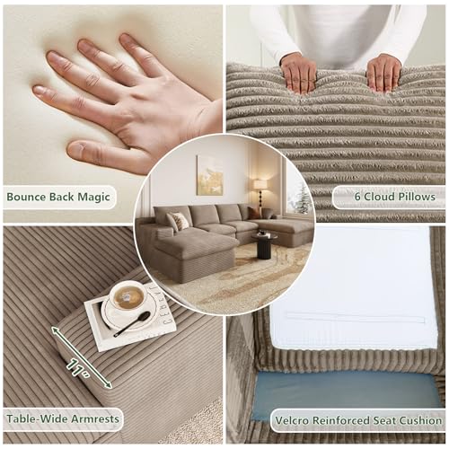Image of 136 inch W Cloud Couch Modular Sectional Sofa for Living Room, U-Shape Boneless Couch with Deep Seat, Modern Corduroy 4-Seater with Ottoman, No Assembly Required (Camel Brown,Right-Facing Chaise)