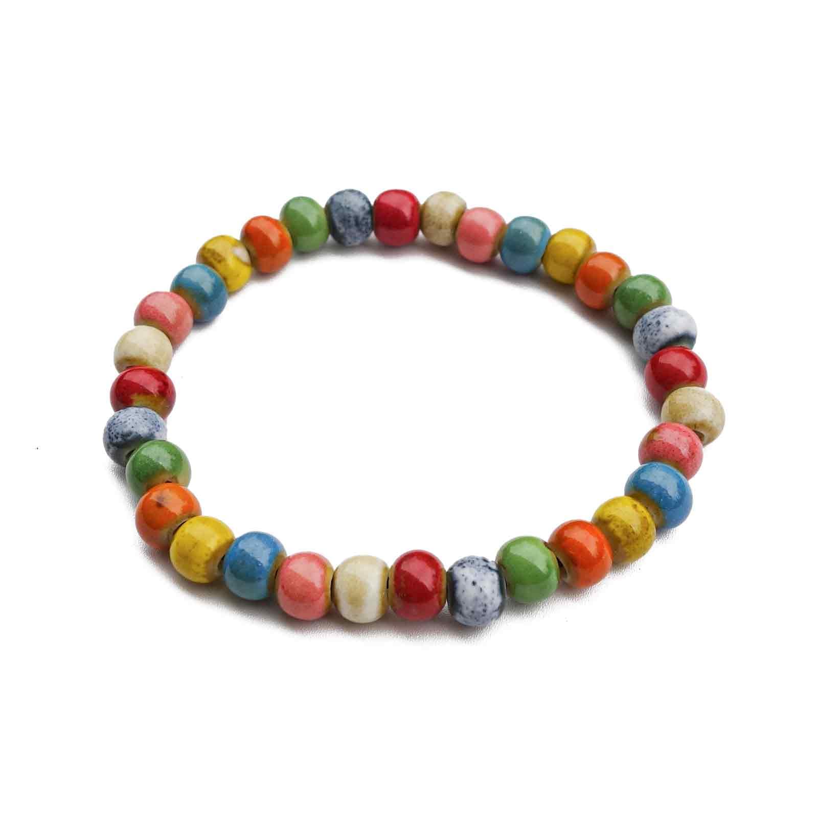 Zlanderah Handmade Multi-Color Faceted Ceramic Beads Bracelet for Women, Boho Stretch Bracelet with Oval Colorful Glazed Beads, Adjustable Bohemian