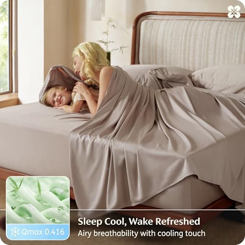 Image of Bedsure 100% Organically Grown Bamboo Viscose King Size Sheets Set | Cooling Bedsheets for Hot Sleepers | Luxury Silky Soft | 18 inch Deep Pocket with Corner Straps | Oeko-Tex Certified [Light Brown]