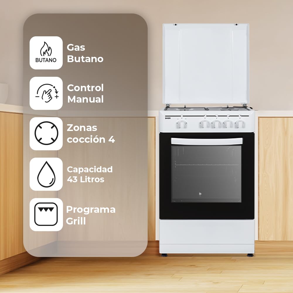 Svan Cocina de Butano con Horno con Grill 55 L SKG4500TM - 4 Zonas de Cocinado, Kit Conversión Gas Natural, Acabado en Esmalte Blanco