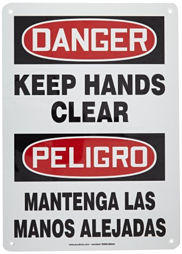 Panneau danger keep hands clear aluminium bilingue espagnol 14x10