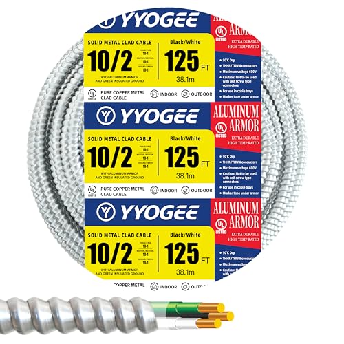 YYOGEE 10/2 125FT MC Cable with Ground 10 Gauge Wire Metal Clad Cable with Solid Copper Conductors Aluminum Armor Electric Wire for Indoor Outdoor Commercial Industrial Use