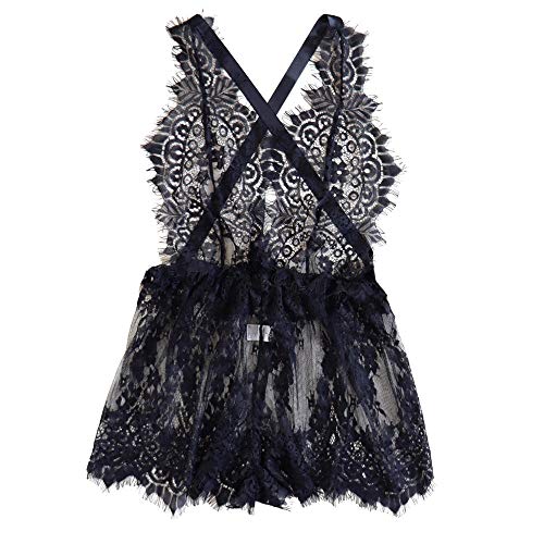 Lingerie sexy dentelle avec nœud et dos nu transparent ensemble G-string noir taille M