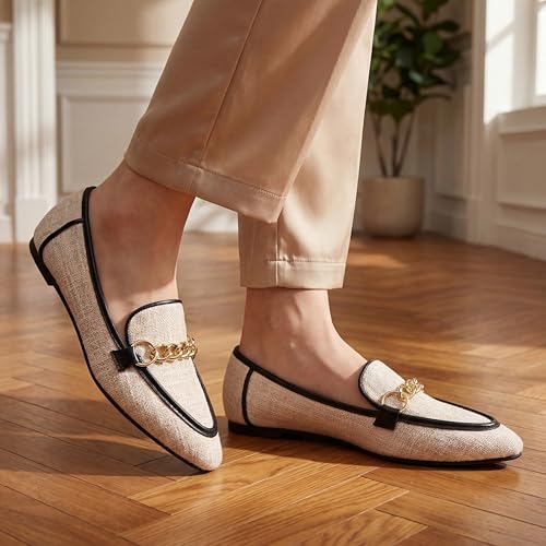 Image of Tilocow Metal Chain Loafers for Women Pointed Toe Slip on Flats Comfortable Fashion Work Shoes