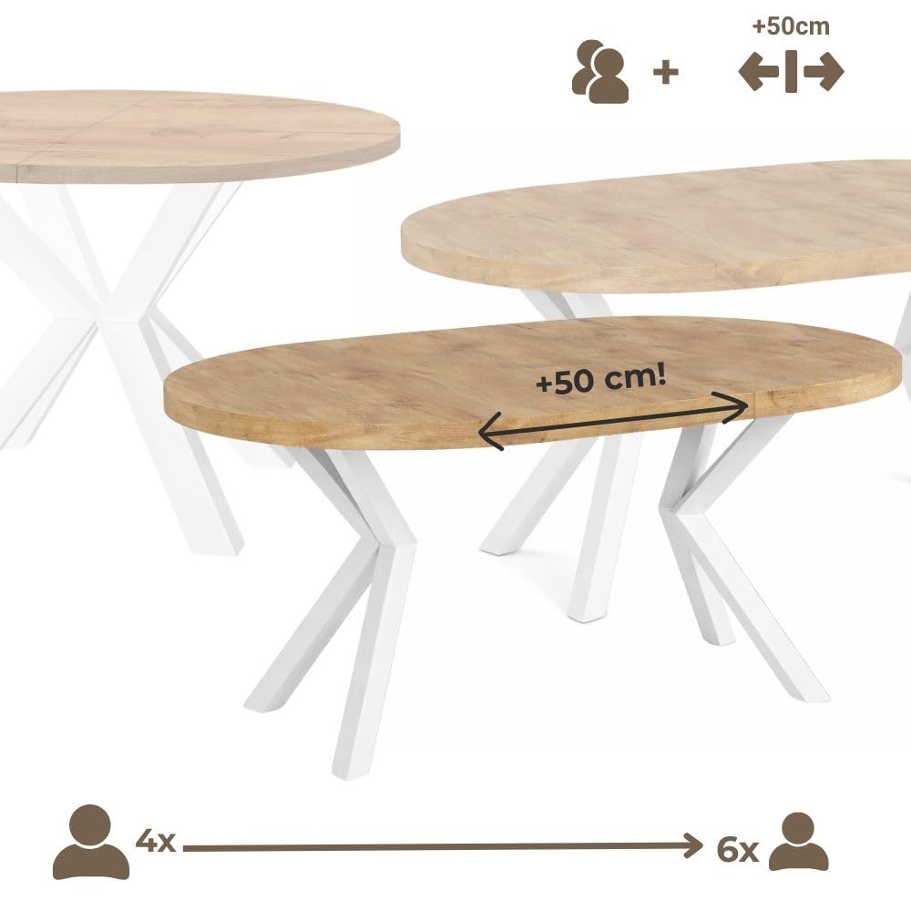 Runder Ausziehbarer Tisch für Esszimmer RAL mit Holzbeinen, Skandinavischer Stil, Durchmesser Varianten von : 90 bis 220 cm (Eiche Craft Gold, 110/160 cm)