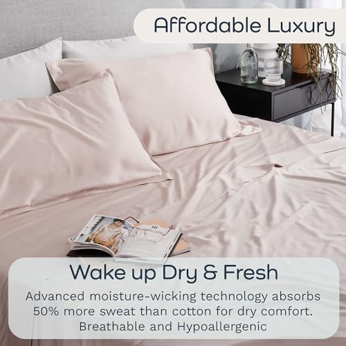 Image of Olive + Crate Tencel Lyocell Eucalyptus Twin Sheets Set - Extra Long Sheet Set - Cooling Tencel Sheets for Hot Sleepers with 16 Inch Deep Pocket Fit - Barely Pink 3-Piece Set