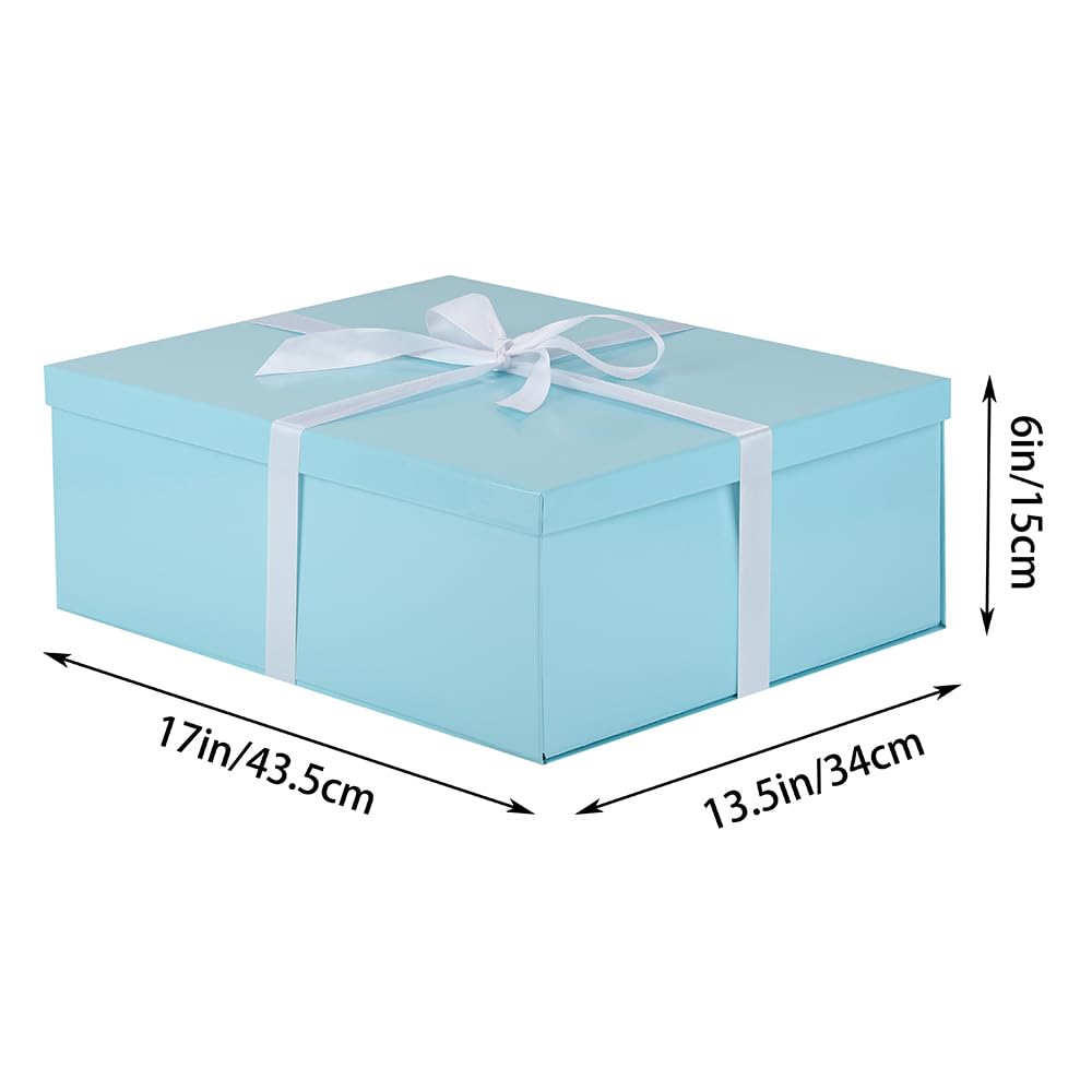 OBMMIRAO Boîte cadeau supplémentaire avec couvercle 43,2 x 33 x 15,2 cm, boîtes cadeaux bleues pour emballages cadeaux pour anniversaires, Saint-Valentin, Noël, anniversaires de mariage (comprend un