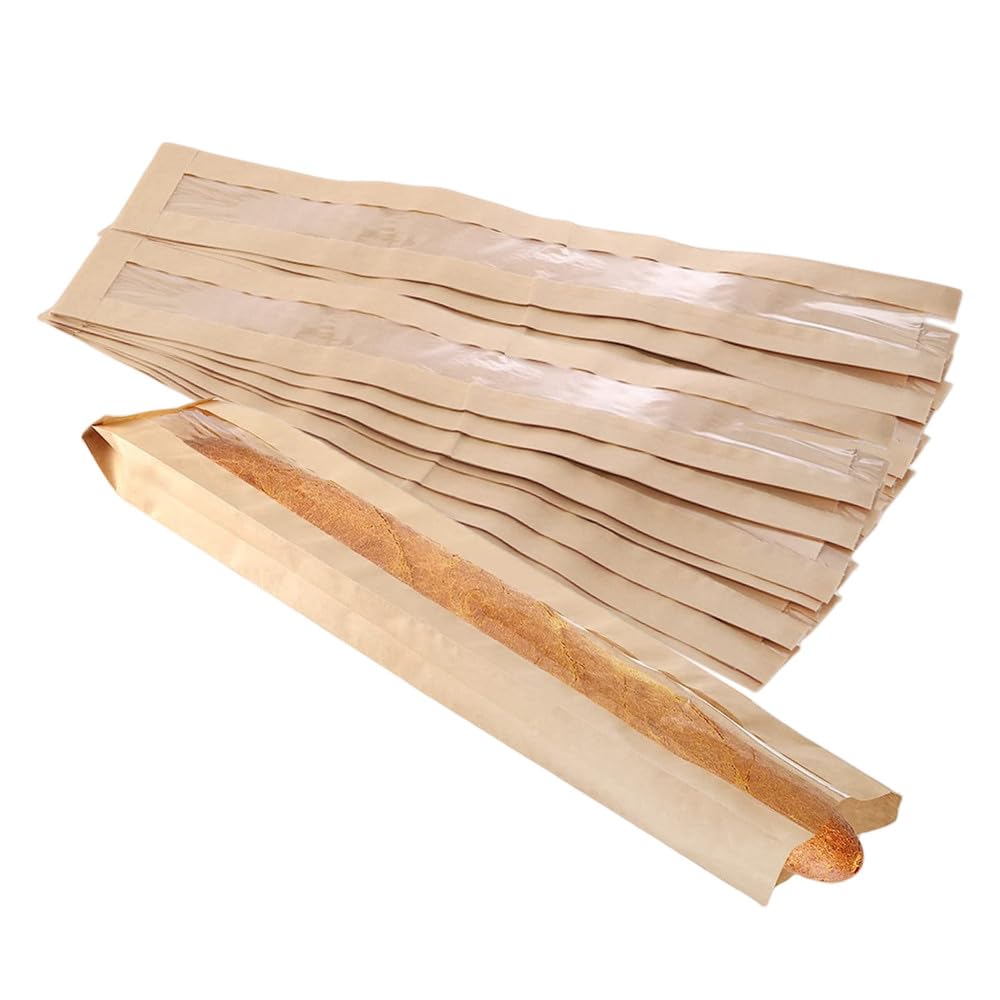 Xzjmy Brown 50 Pack Kraft Baguette Bags - 23"X4"X1.6" Bakery Storage Bags With Clear Front Window And 64 Clear Seal Stickers For Homemade French Bread (Brown)