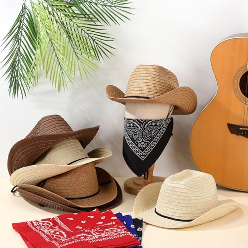 Image of Coume 36 Set Straw Cowboy Hats with Bandana Include 36 Cowboy Party Hats 36 Western Scarf in 4 Color for Cosplay Accessories