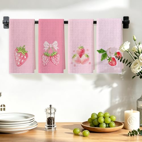 Image of 4 Pcs Strawberry Hand Towels, Pink Strawberries Reusable Dish Towels
