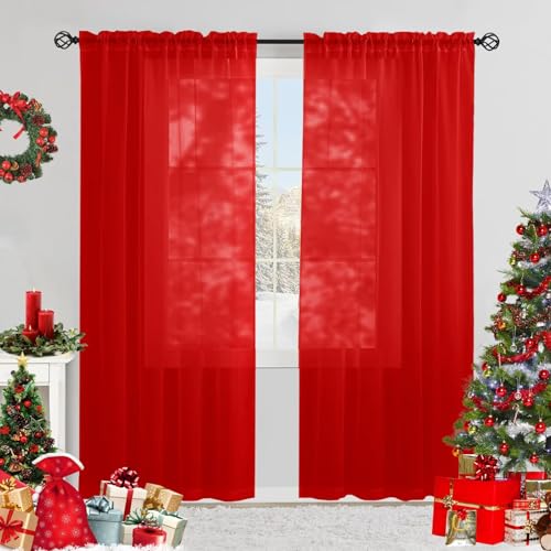 Karseteli Semi Voile Sheer Curtains 84 Inches Long 2 Panels Rod Pocket Window Treatment for Living Room Bedroom Dining Room(Red 52