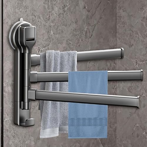 Handtuchhalter Bad Grau ohne Bohren Saugnapf - 180° Schwenkbar 3-Arm & Haken - Platzsparend für Bad, Küche, Kleiderschrank