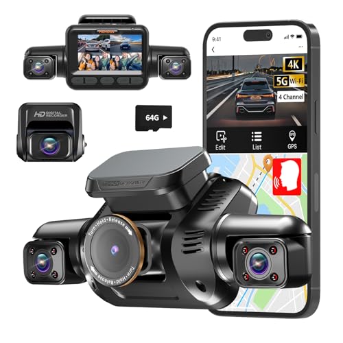 4K 360 Dash Cam Front and Rear Iinside, Dash Camera for Car 4K+1080P*2 Inside, 4 Channel Car Camera 3K+1080P*3, Dashcam 5GHz WiFi GPS Voice Control, 64GB Card, Night Vision(V8Plus)