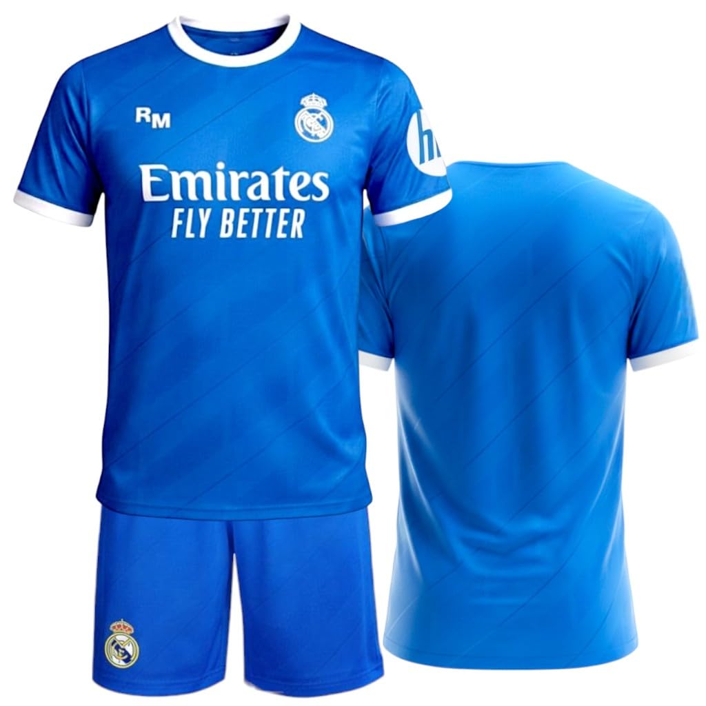 Real Madrid - Tercera equipación réplica Oficial Temporada 25-26 | Brahim 21 niño Unisex | Camiseta y pantalón Azul | Tejido Transpirable | Escudo Bordado