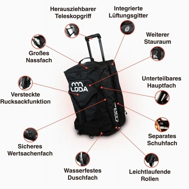 LODA Trolley (75L) Multifunktionale Sporttasche mit Rollen & Teleskopgriff | Rucksackfunktion - Unterteilbares Hauptfach, Schuh-, Nass- & Duschfach - Ideal für Mannschaftssport, Training & Reisen