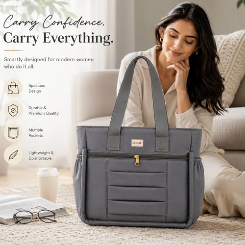Image of LX LEKHX Tote Bag for Women | Lightweight Shoulder Handbag with 2 Main Zip Compartments & Multiple Pockets | Water Resistant Polyester Fabric | Office, Travel & Daily Use